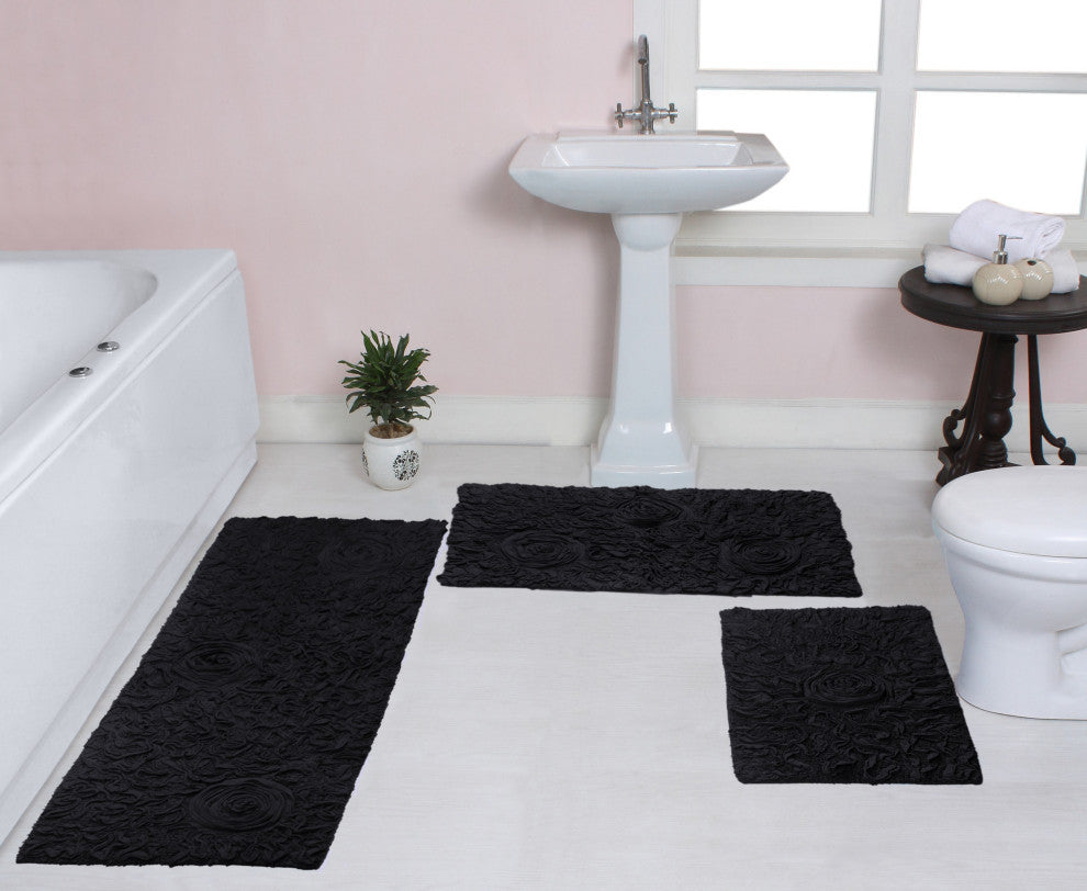 Bell Flower Collection Tufted Bath Rug, 3-Piece Set With Runner, Black
