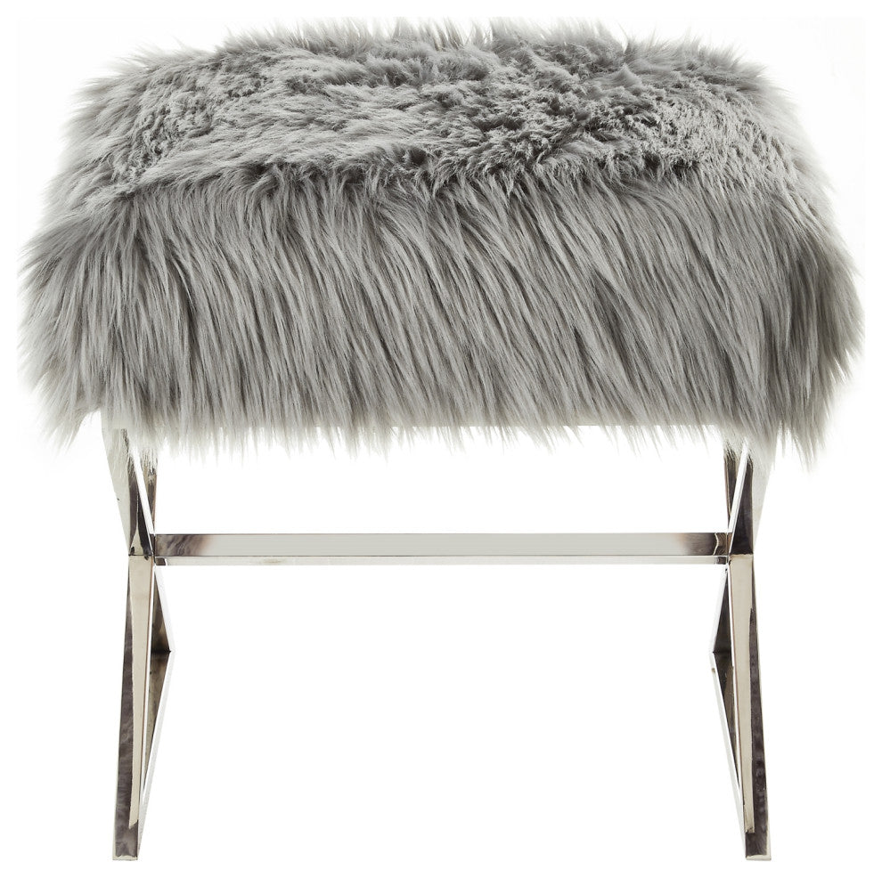 Oria Faux Fur X-Leg Chrome Base Ottoman, Gray/Chrome