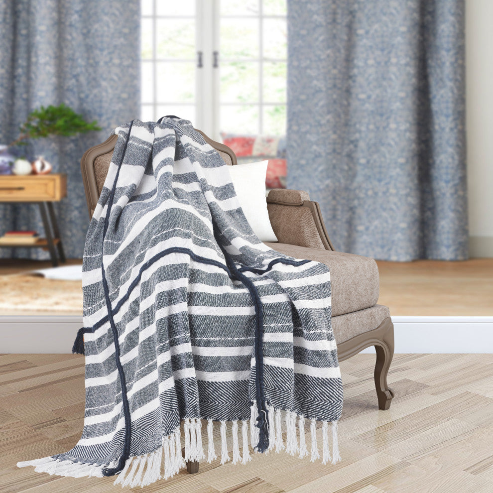 Horizontal Striped and Textured Throw Blanket with Fringe