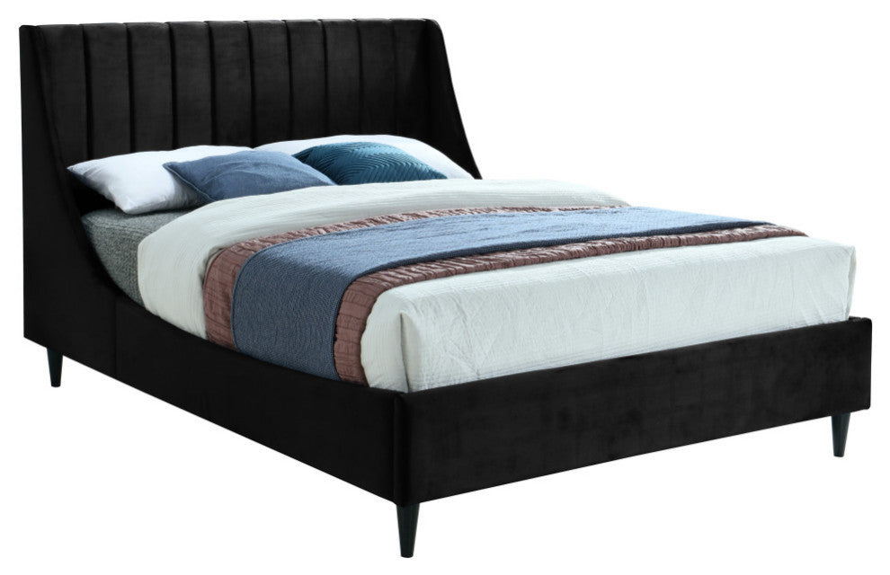 Eva Velvet Upholstered Bed, Black, Queen