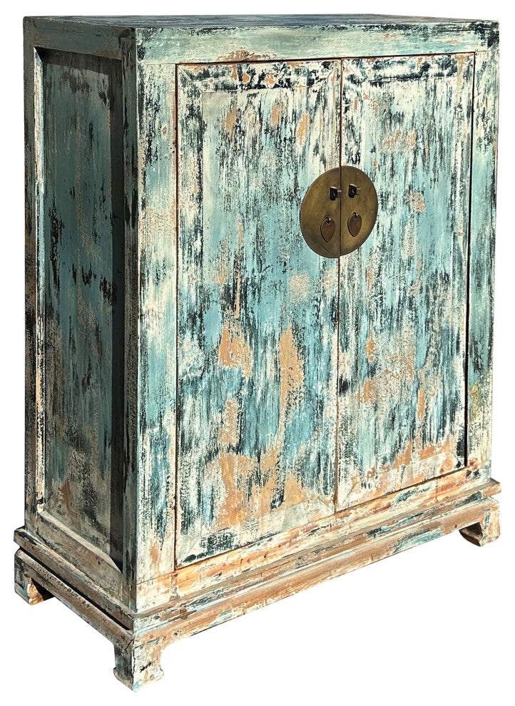 Distressed Teal Blue Marks Moon Face Slim Credenza Side Cabinet Hws4392