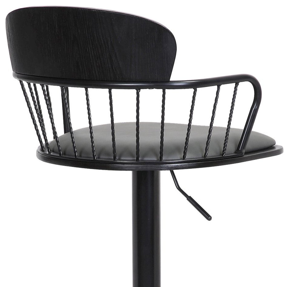 Nash Upholstered Wood Adjustable Bar Stool with Black Metal Base