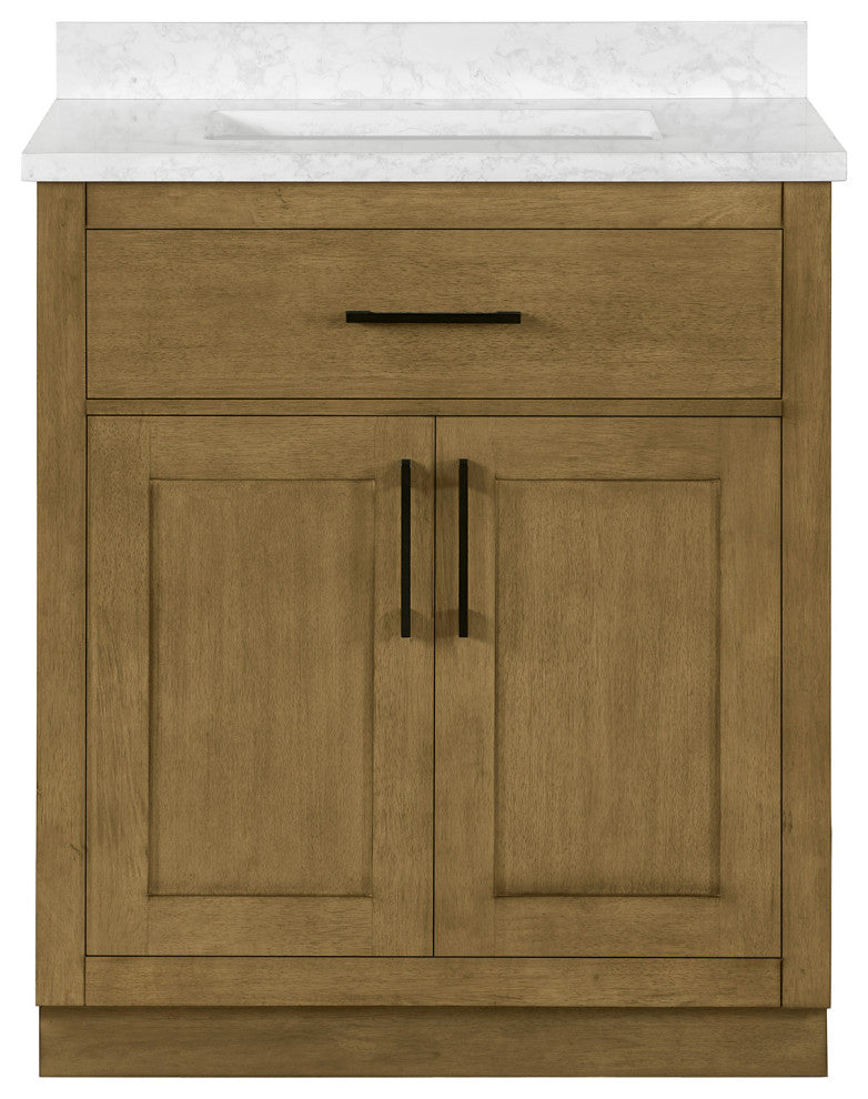 OVE Decors Athea 30" Vanity, Brushed Nickel, Extra Black Hardware, Almond Latte