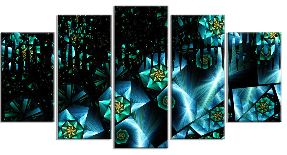 Bright Blue Fractal Flowery Sky, Contemporary Wall Art Canvas, 60"x32", 5 Panels