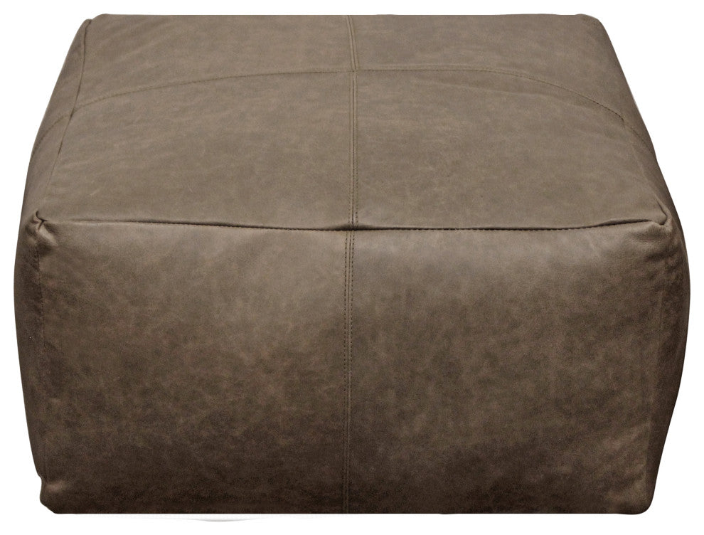 Java Pouf Upholstered, Genuine Leather, Gray and Contrast Stitching