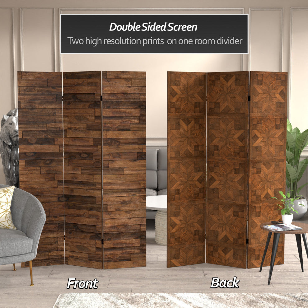 6' Tall Double Sided Walnut Wood Pattern Canvas Room Divider