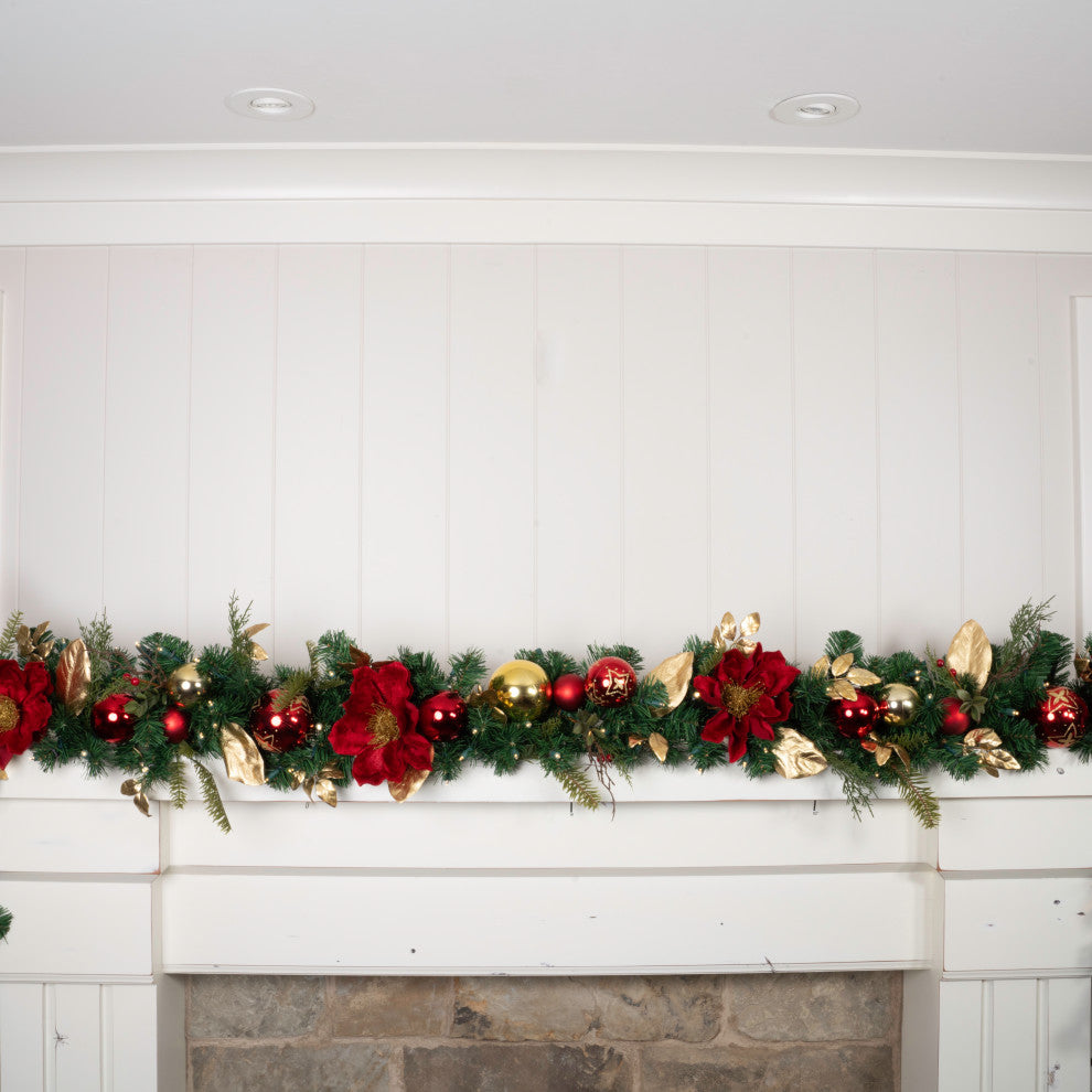 9' Artificial Christmas Garland with Lights, Golden Leaf Red Magnolia