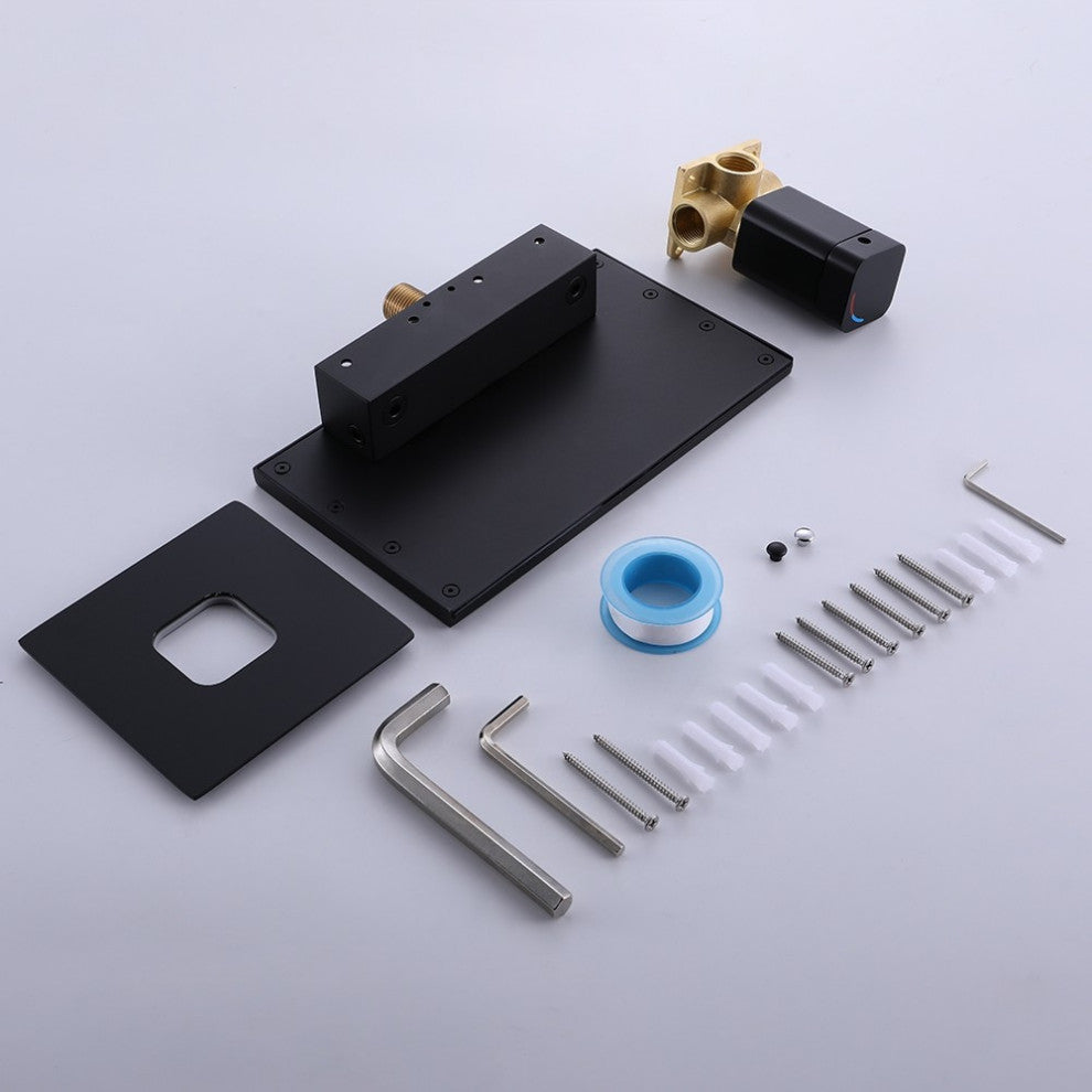 Waterfall Wall Mount Bathroom Sink Faucet Single Knob Solid Brass Matte Black
