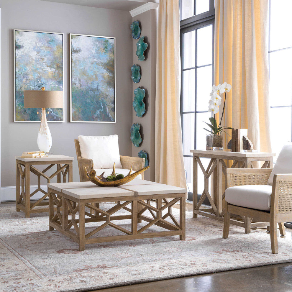 Open Light Weathered Wood Console Table, Stone Top X Natural