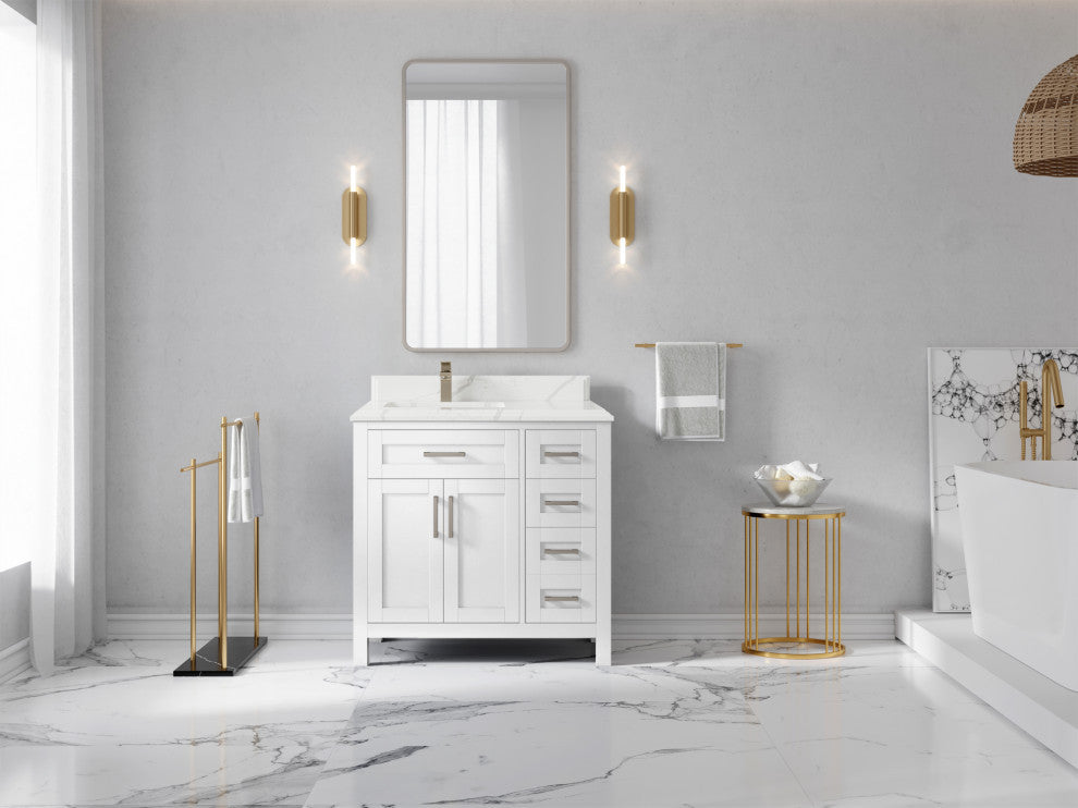 Cambridge 36 Left Offset Bath Vanity in White 1.5" Calacatta Laza