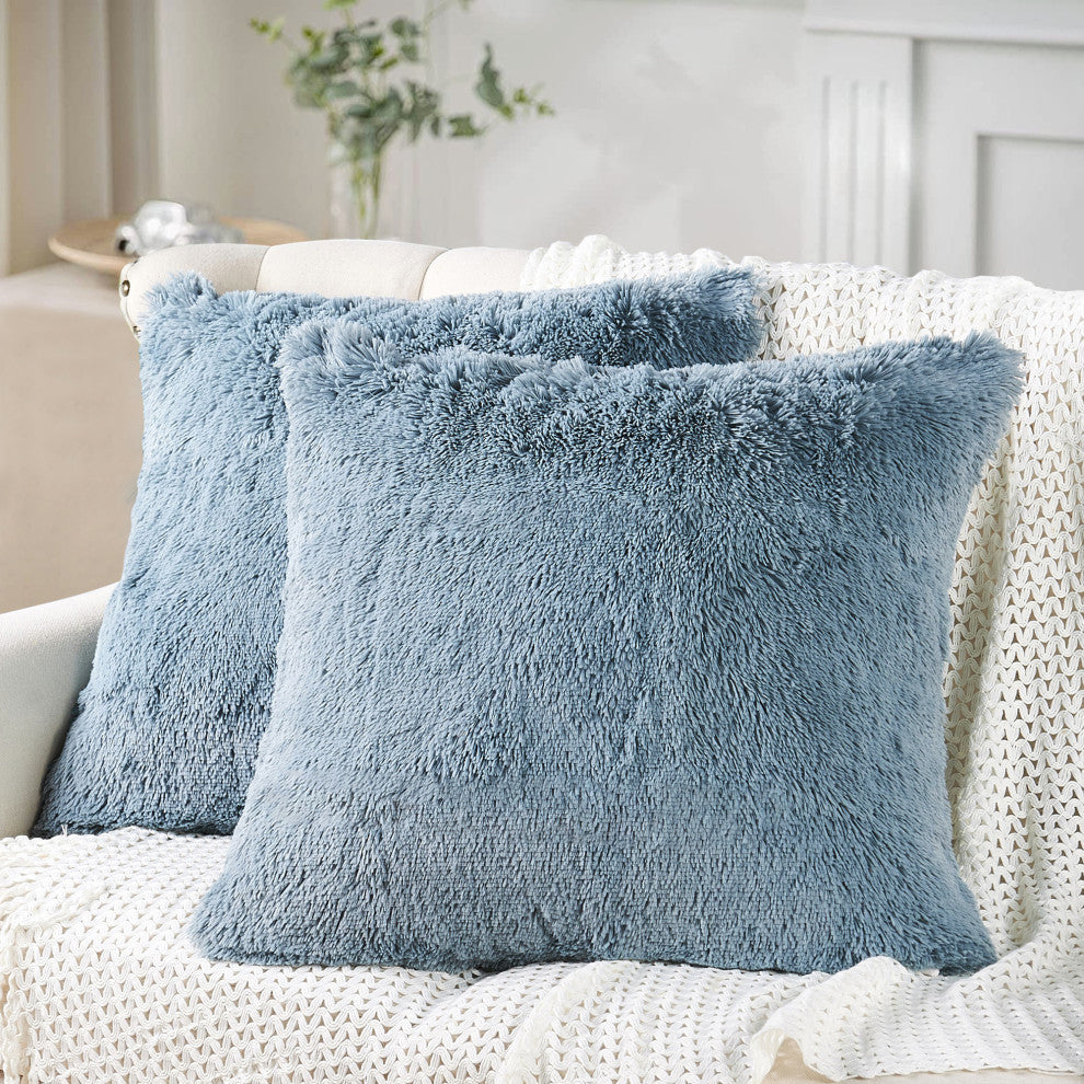 Shaggy Faux Fur Pillow Cover, Silver Blue, Set of 2, 26"x26"