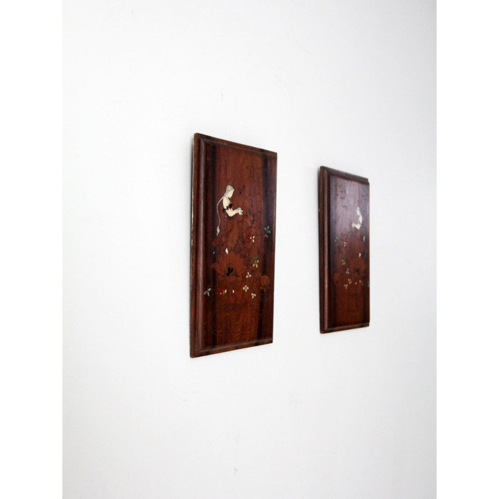 Consigned, Vintage Floral Goddess Etched Wood Plaque Wall Hanging Pair