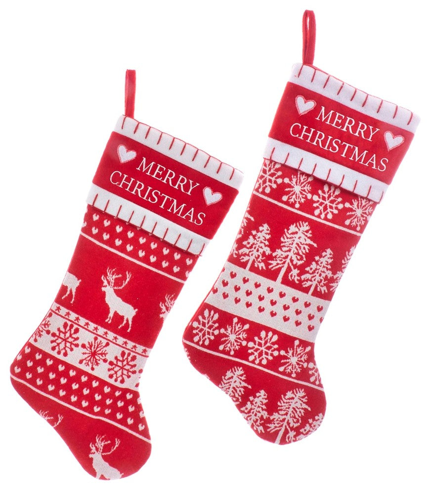 Kurt Adler Deer and Tree Red and White Merry  Holiday Stockings Set of 2