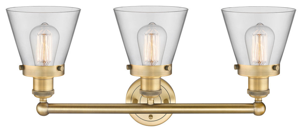Edison Small Cone 3-Light 25" Vanity Light, Brushed Brass Finish, Clear Shade