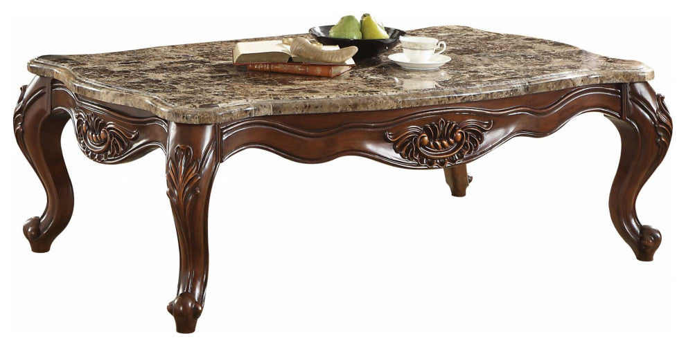 HomeRoots 35" X 58" X 20" Marble Cherry Oak Wood Coffee Table