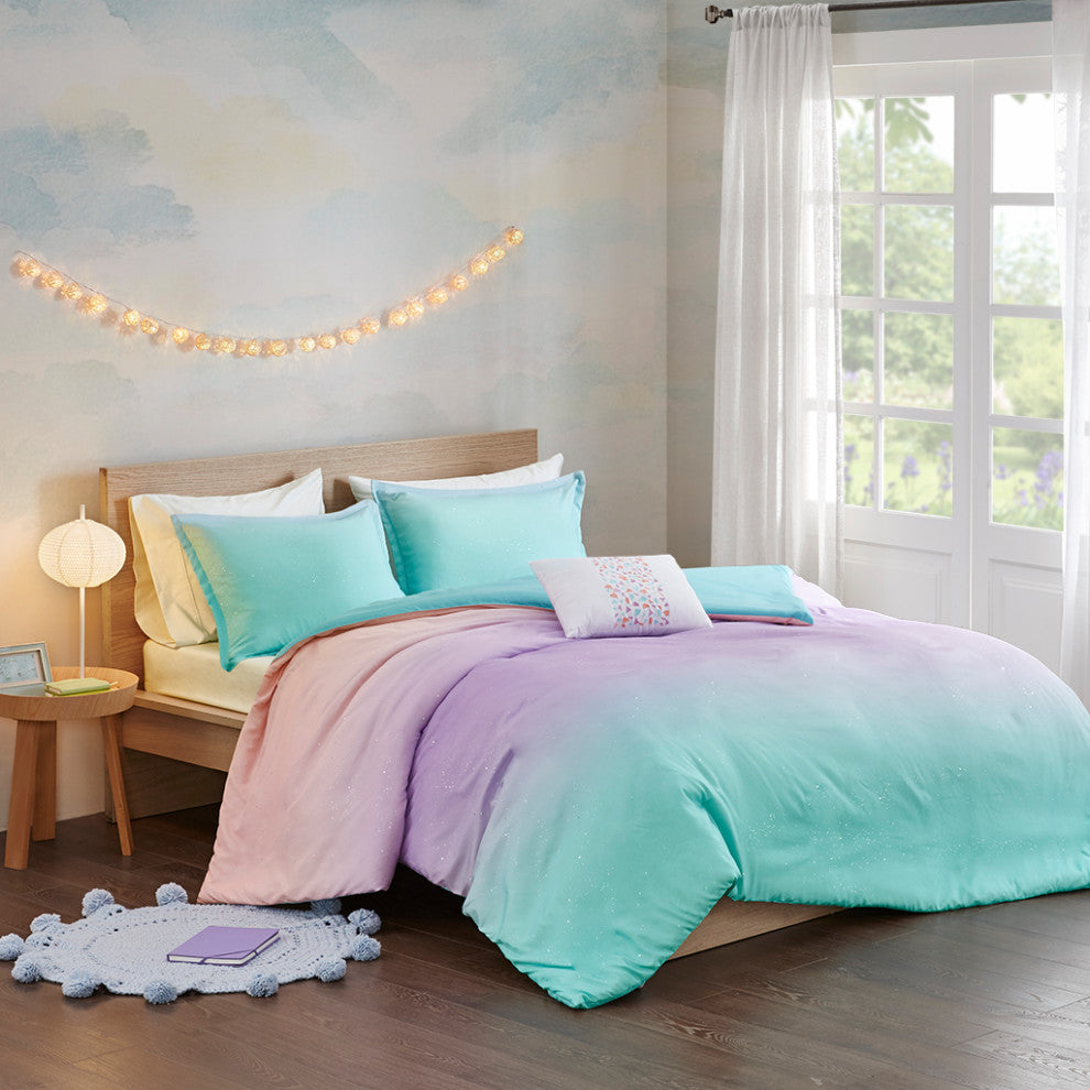 Mi Zone Glimmer Metallic Glitter Printed Reversible Duvet Cover Set