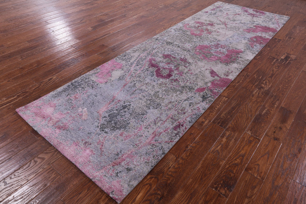 Modern Handmade Wool and Silk Runner Rug 3' 11" X 12' 1" Q9066