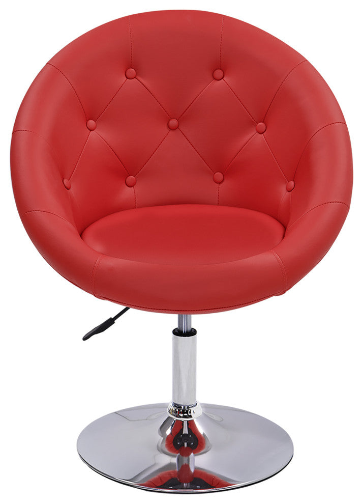 Button Tufted Swivel PU Leather Papasan Chair, Red