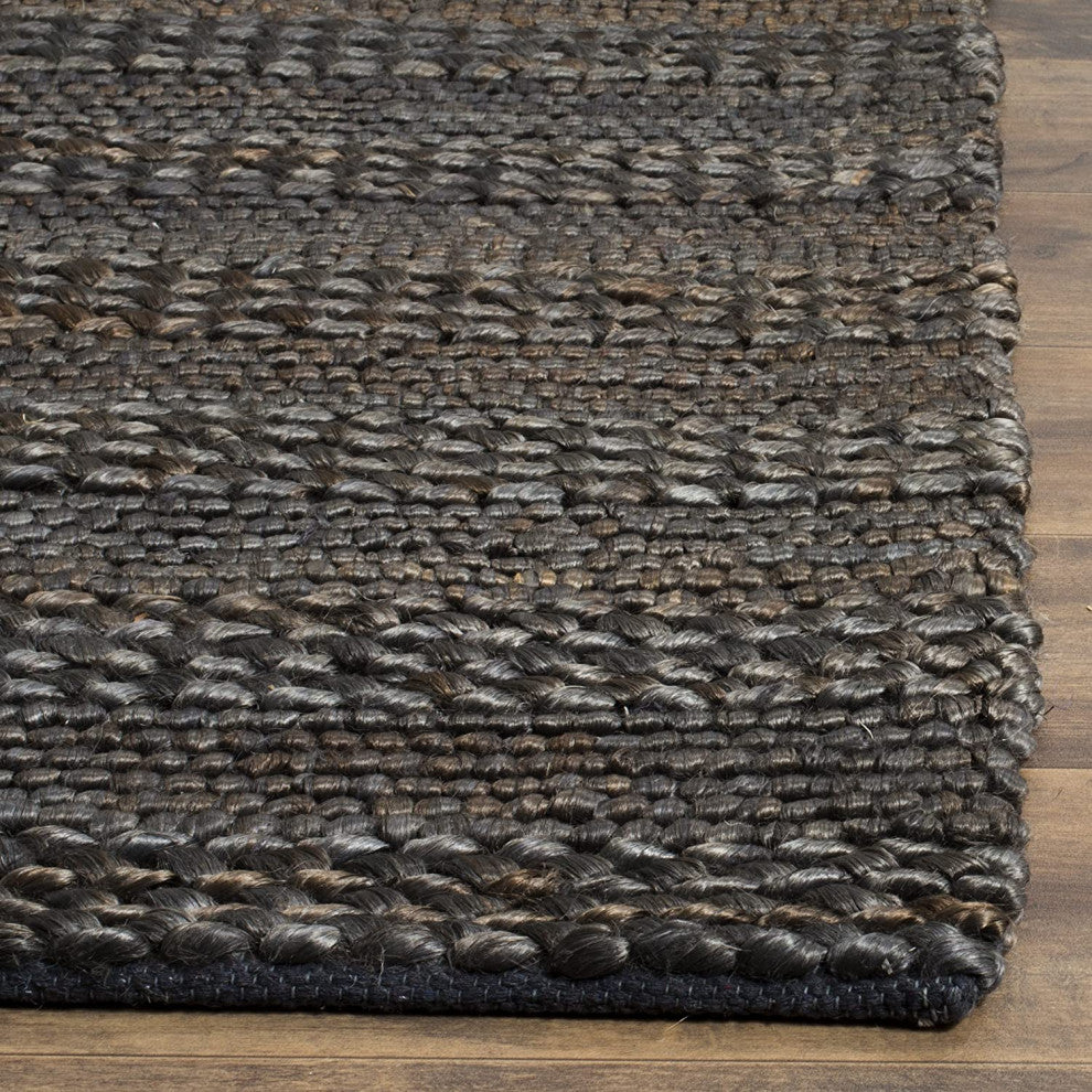 Traditional 8x10 Hand-Woven Area Rug with Geometric Pattern, Natural Jute Fiber, Charcoal