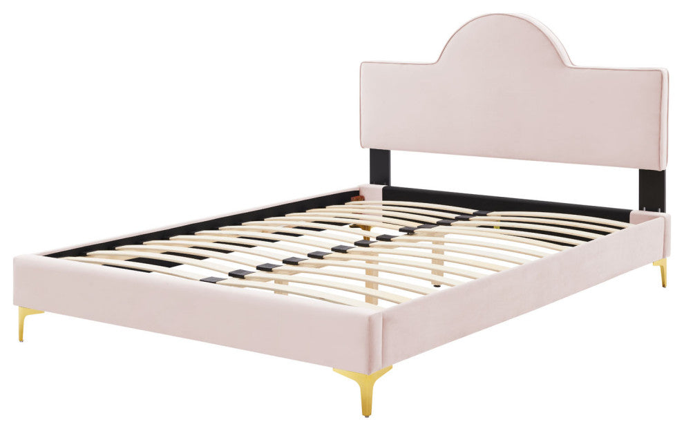Platform Bed Frame, King Size, Pink, Velvet, Modern, Bedroom Master Guest Suite