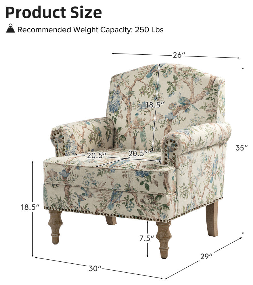 Lamber Wooden Upholstered Armchair With Camelback, Bird