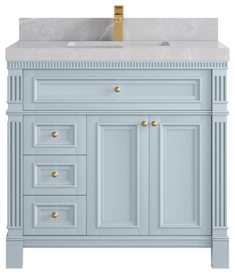 Paris 36" Center Sink Bathroom Vanity, Blue Heather 2" Pearl Gray