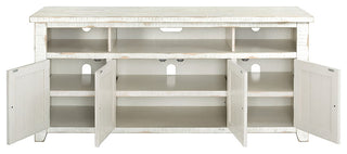 Rustic TV Stand, 3 Open Compartments and 3 Storage Cabinets, Antique White