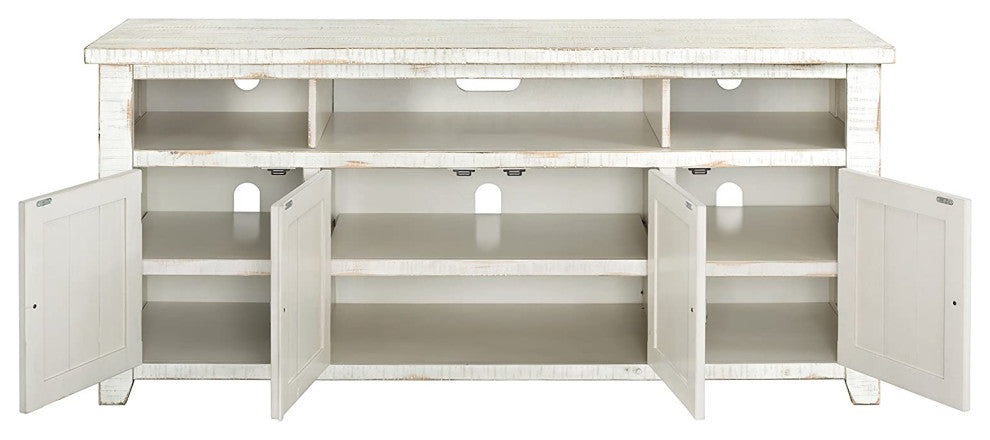 Rustic TV Stand, 3 Open Compartments and 3 Storage Cabinets, Antique White
