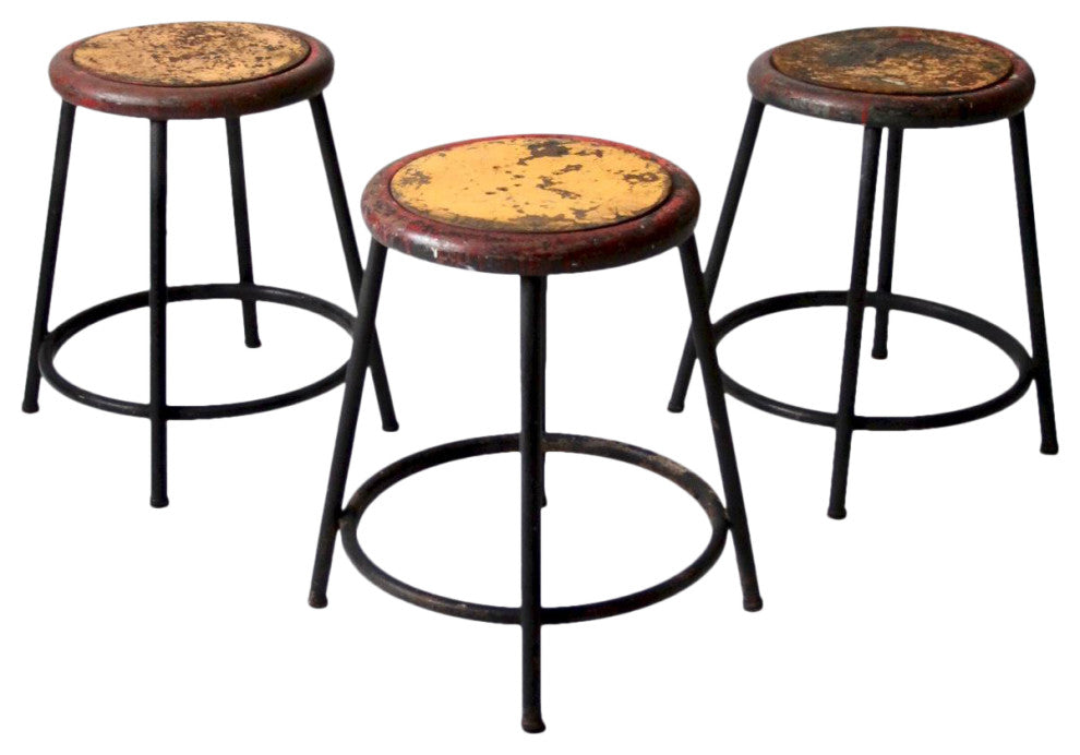 Consigned, Vintage Industrial Stools Set of 3