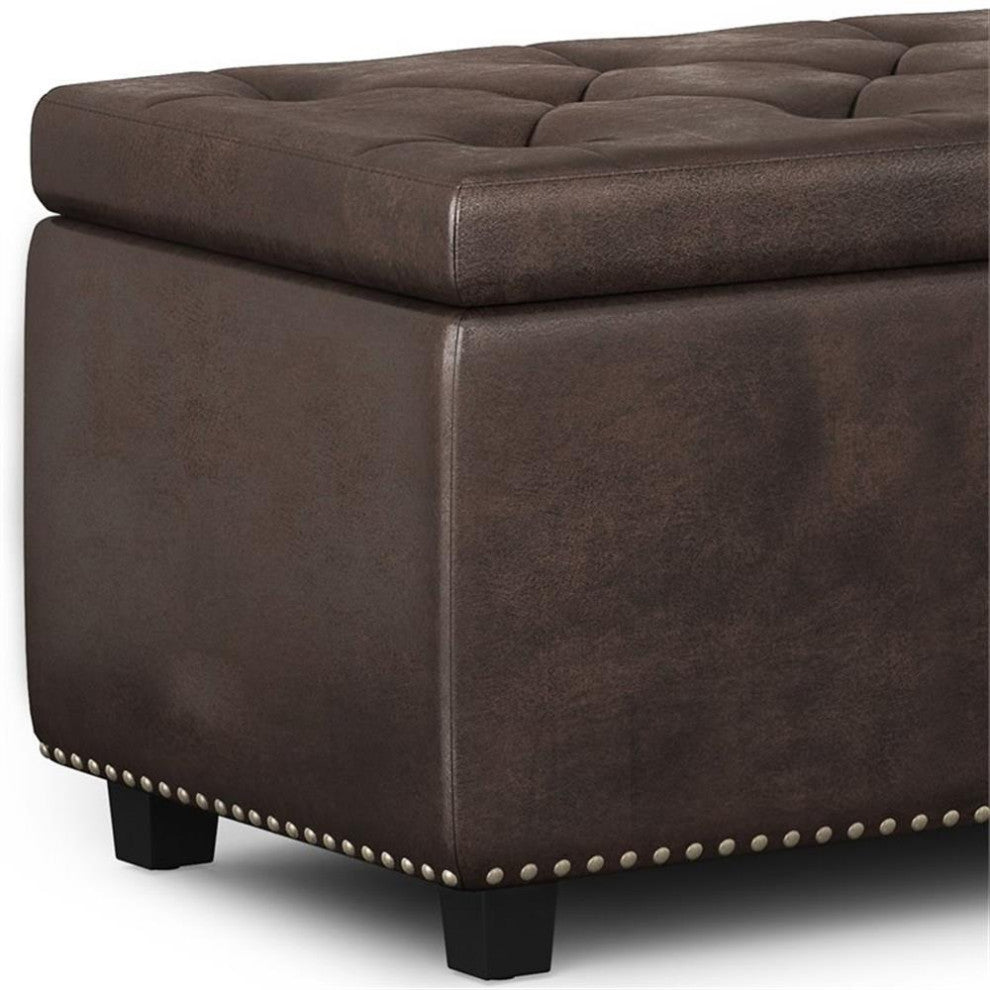 Hamilton 48 Inch Wide Rectangle Storage Ottoman In Distressed Brown Faux Leather