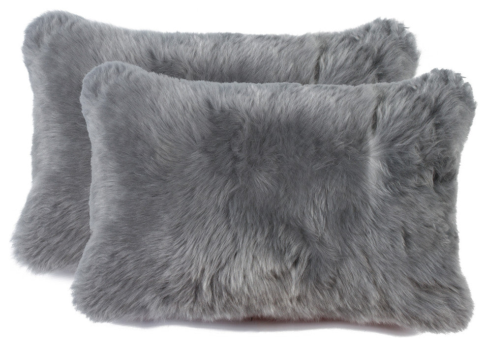100% Sheepskin New Zealand Pillows, Set of 2, Gray, 12"x20"