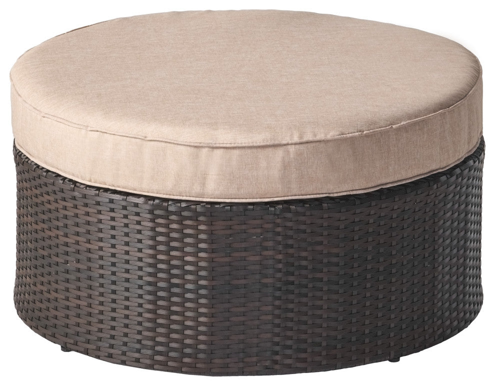 Boden Outdoor Wicker Ottoman With Cushion, Brown/Textured Beige