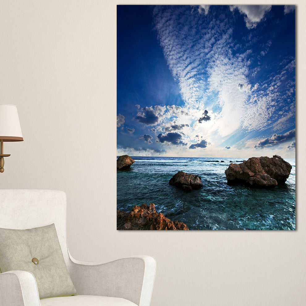 "Rocky Beach With White Clouds" Modern Beach Canvas Art Print, 30"x40"