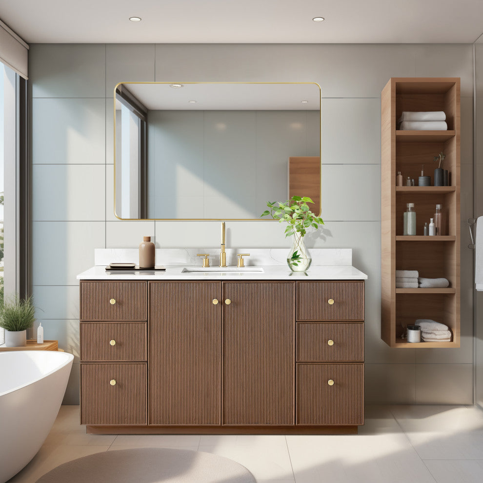 Oza Bath Vanity with Quartz Stone Top, Aged Dark Brown Oak, 60", Single Vanity, No Mirror