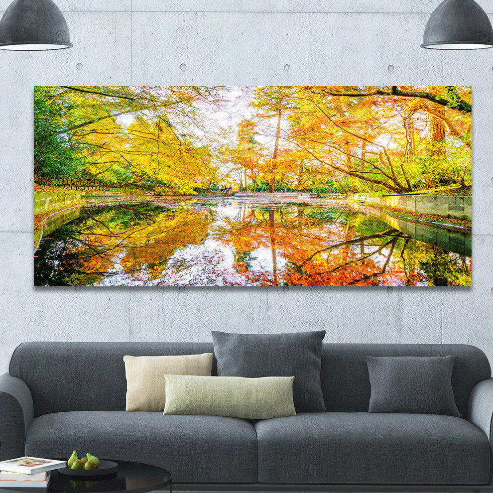 Bright Fall Forest with River, Large landscape Canvas Art Print, 60"x28"