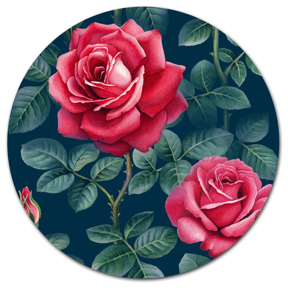 Rose Illustration Watercolor, Floral Wall Large Disc Metal Artwork, 36"