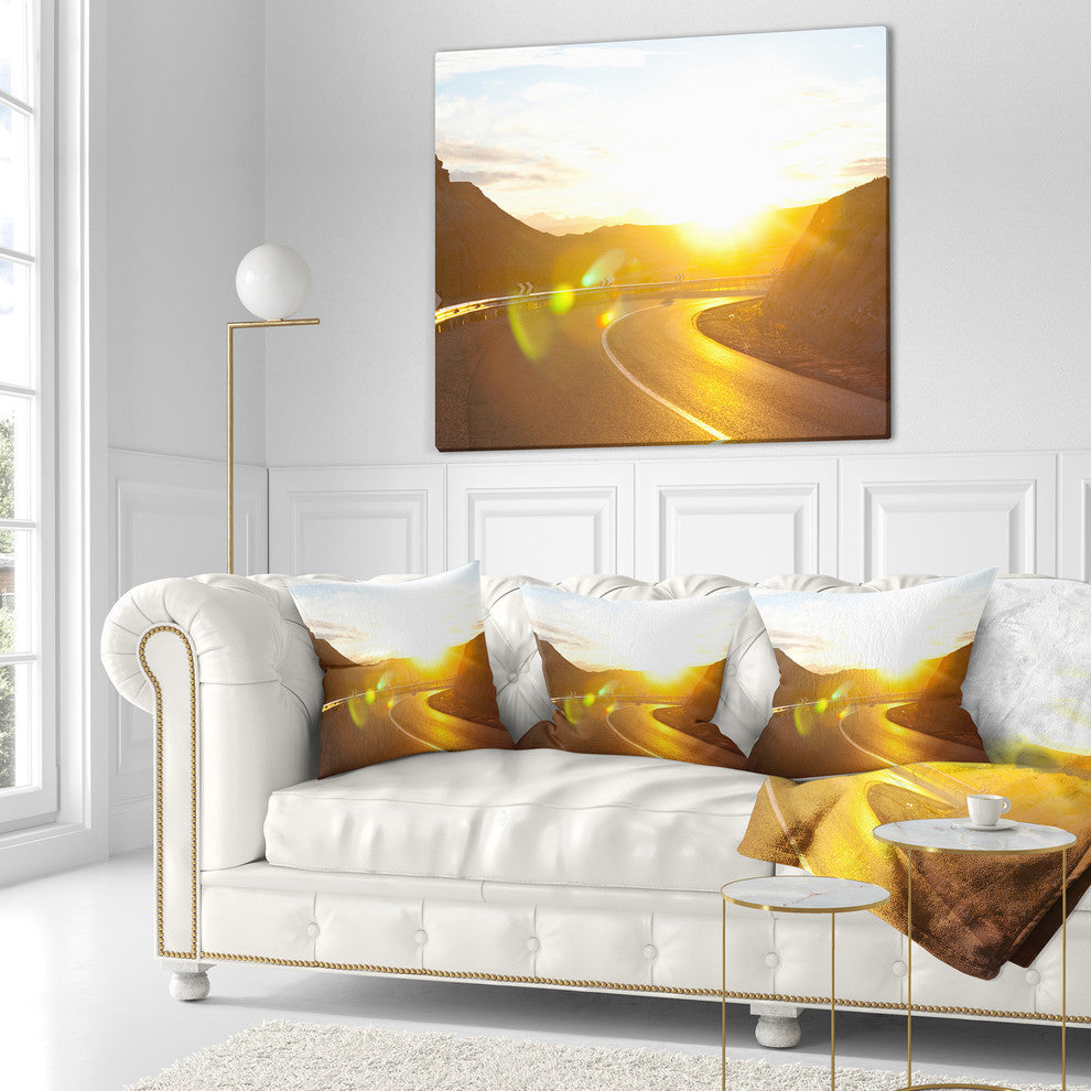 Yellow Road Under Sunset Landscape Printed Throw Pillow, 18"x18"