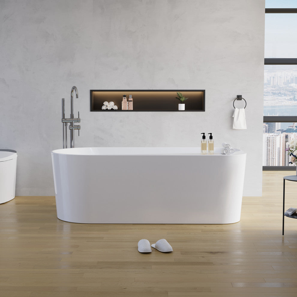 65 inch Freestanding Solid Surface Soaking Bathtub in Cement Grey