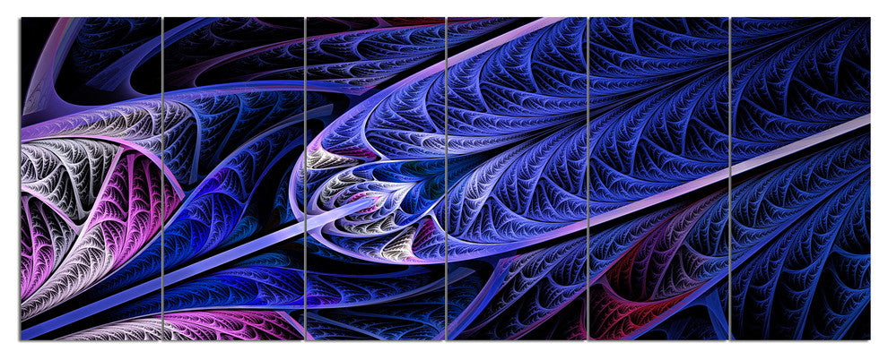 Blue on Black Fractal Stained Glass, Abstract Wall Art Canvas, 70"x28", 6 Panels