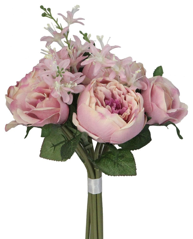 10 Stems Faux English Rose and Rose Bud Bouquet, Mauve