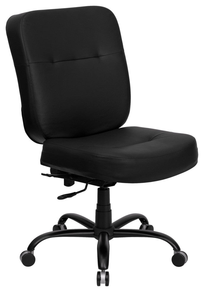 Contemporary Office Chair, Armless Design With Lumbar Support, Black Pu Leather