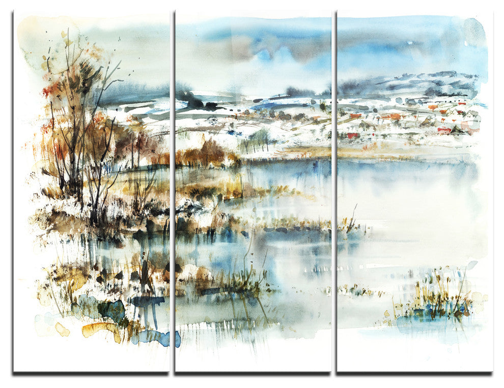"Wide Blue Winter Lake Watercolor" Metal Wall Art, 3 Panels, 36"x28"