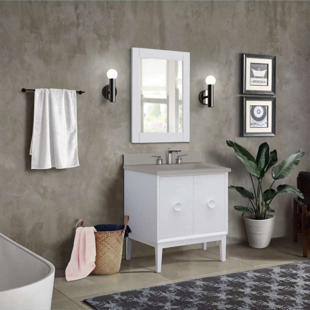 31" Single Vanity, White Finish With Gray Concrete Top And Rectangle Sink