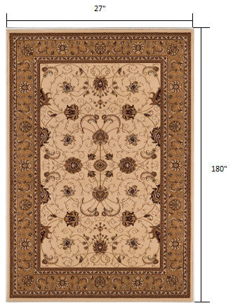 2"x15" Cream and Tan Ornate Border Runner Rug