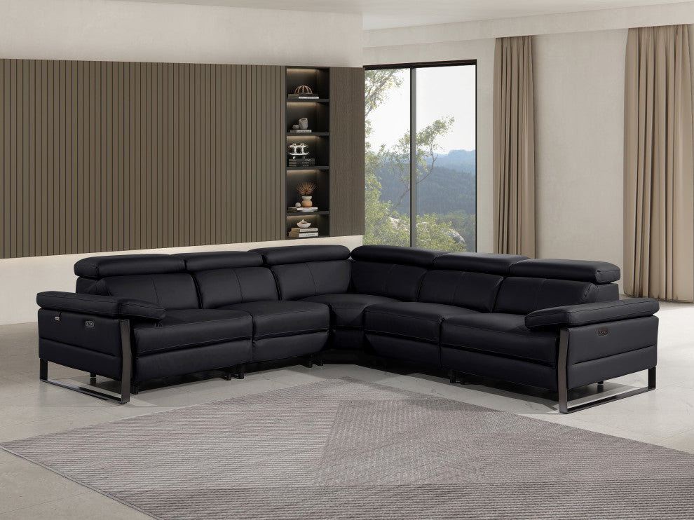 Antonio Italian Leather 5-Piece L-Shaped Power Reclining Sectional, Black