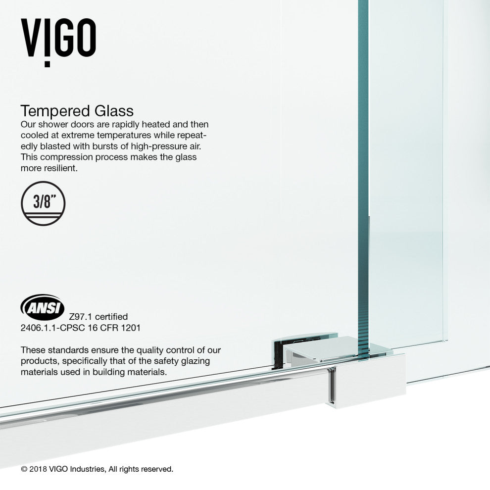 VIGO Ferrara Frameless Sliding Shower Door, Chrome, 72" to 73" W X 74" H, Clear Glass