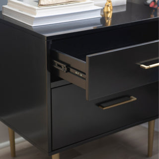 Contemporary Nightstand, 2 Storage Drawers With Gold Sculpted Pulls, Black