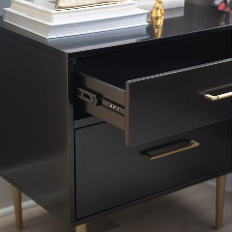 Contemporary Nightstand, 2 Storage Drawers With Gold Sculpted Pulls, Black