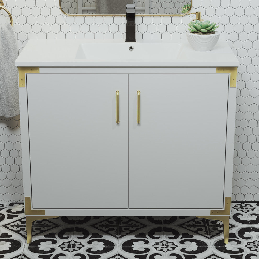 Voltaire 36" Single, Bathroom Vanity, White With Gold Hardware