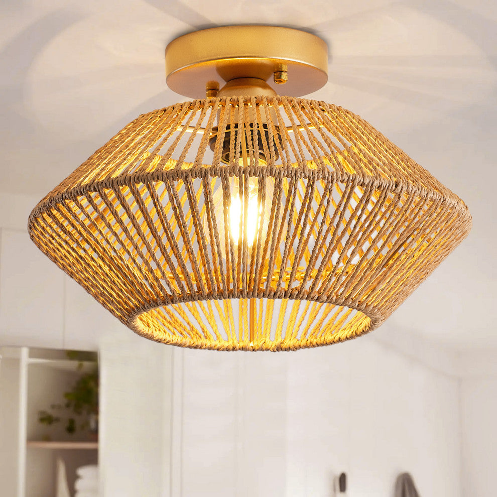 Farmhouse Brown Paper Rope Hand-Woven Semi Flush Mount Ceiling Light